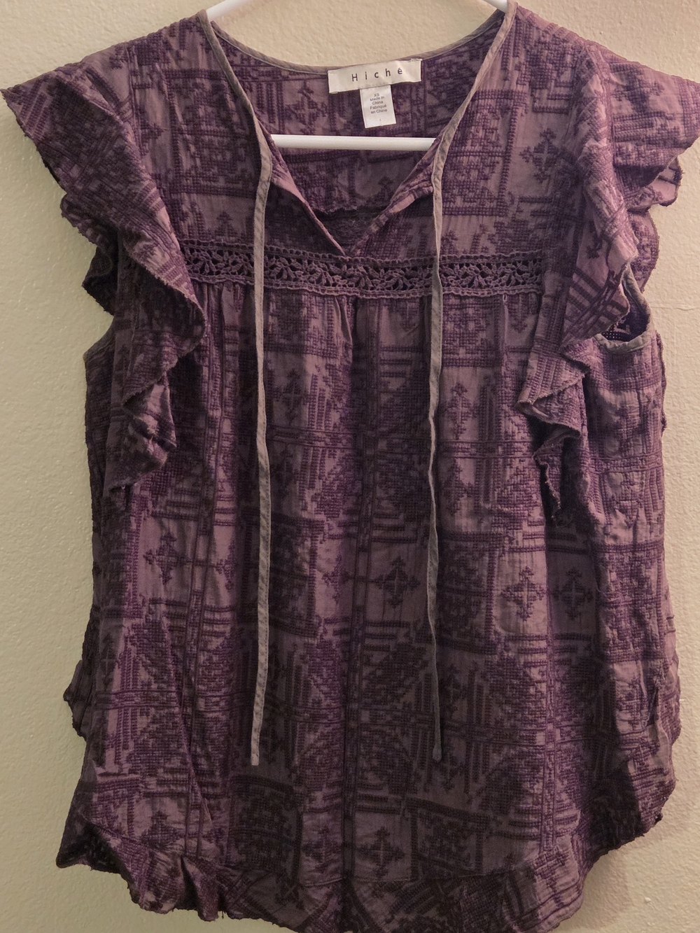 Embroidered Brown Ruffle-Sleeve Tie-Front Blouse